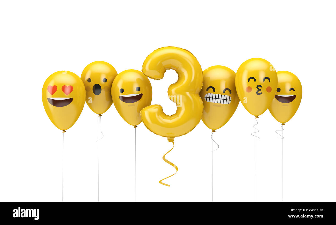 Numero 3 giallo compleanno facce emoji palloncini. 3D Render Foto Stock