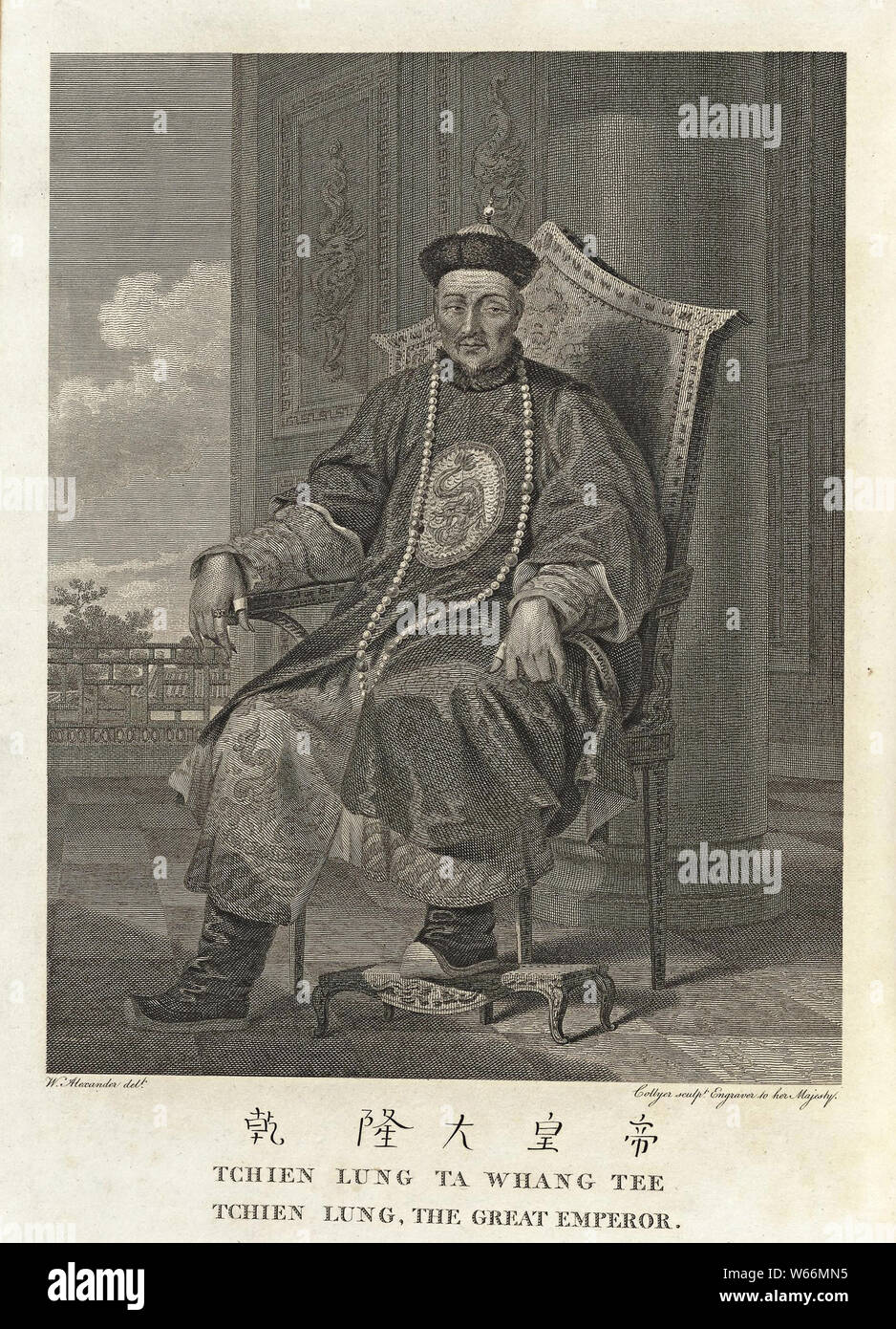 Ritratto dell'Imperatore Qianlong, seduti su una sedia. Incisione di William Alexander e pubblicata nel 1774 Foto Stock