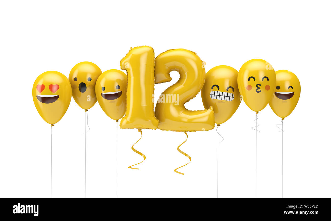 Numero 12 giallo compleanno facce emoji palloncini. 3D Render Foto Stock