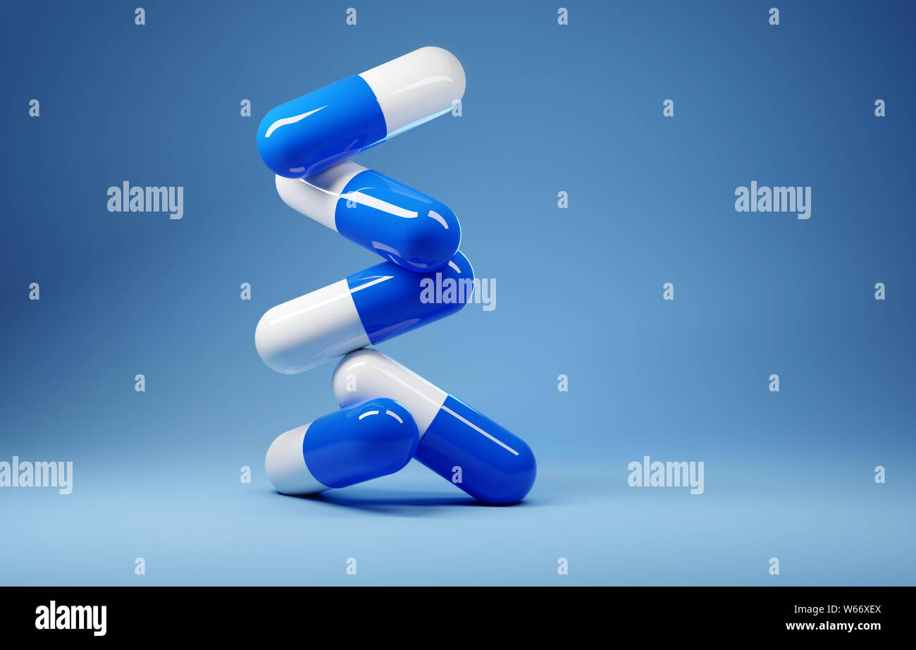 Una pila di antibiotico pillola capsule su uno sfondo blu. 3D render illustrazione. Foto Stock