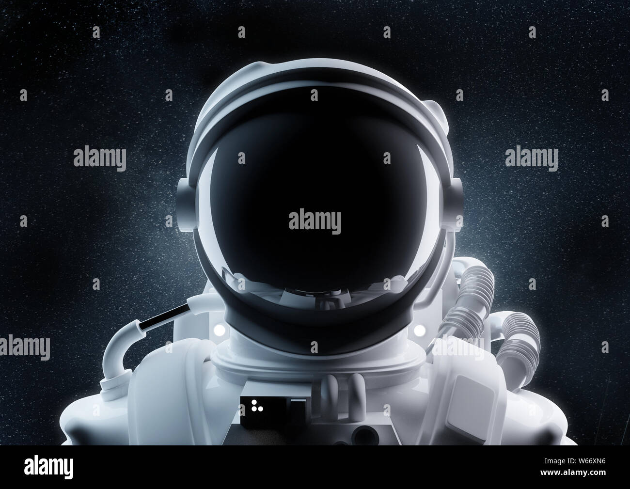 Un vicino l immagine di un astronauta e casco nello spazio esterno. 3D'illustrazione. Foto Stock