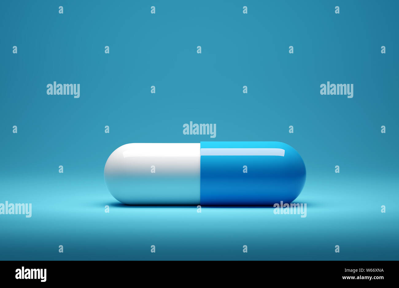 A chiudere l'immagine di una sola capsula di medicina pillola su uno sfondo blu. 3D render illustrazione. Foto Stock