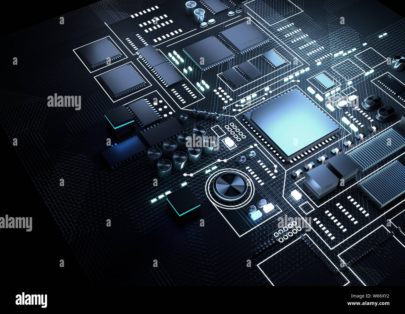 Una vista ravvicinata di una CPU su una scheda madre. 3D render illustrazione. Foto Stock