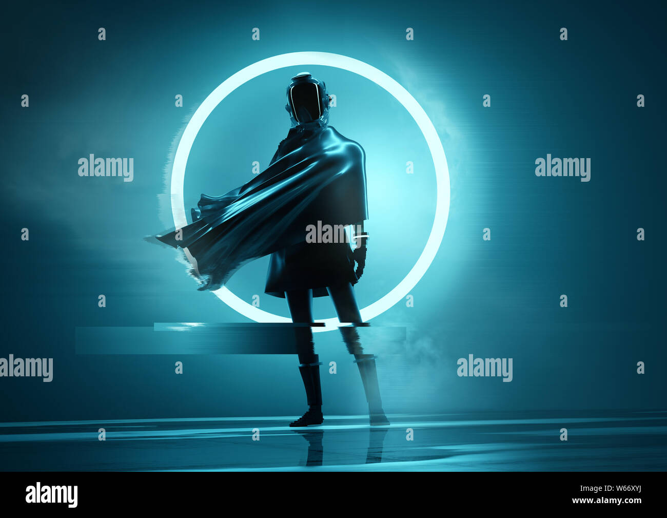 Un avveniristico spazio donna astronauta in piedi nella parte anteriore della fotocamera con un neon incandescente cerchio in background. Persone concettuale ritratto 3D illustr Foto Stock