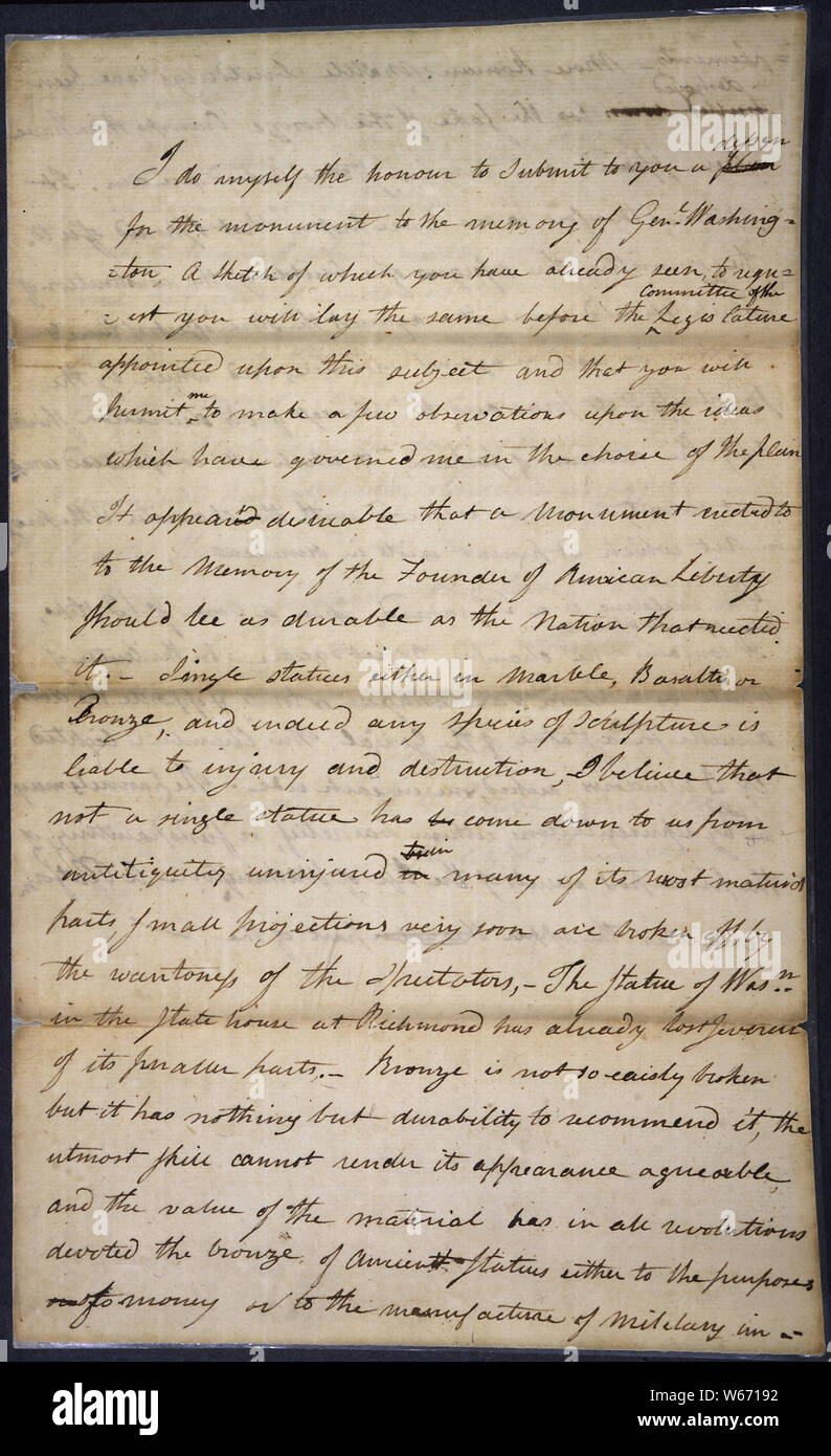 Lettera da B. Henry Latrobe, architetto, il comitato misto ha nominato per preparare le misure di onorare la memoria del generale George Washington, concernente la progettazione del monumento di essere eretto in memoria di George Washington, 04/01/1800 Foto Stock