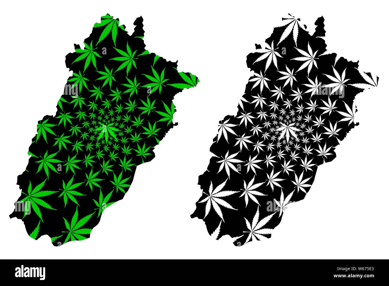 Il Punjab (Repubblica Islamica del Pakistan, Provincia e distretti del Pakistan) mappa è progettato Cannabis leaf verde e nero, provincia del Punjab mappa fatta di m Illustrazione Vettoriale