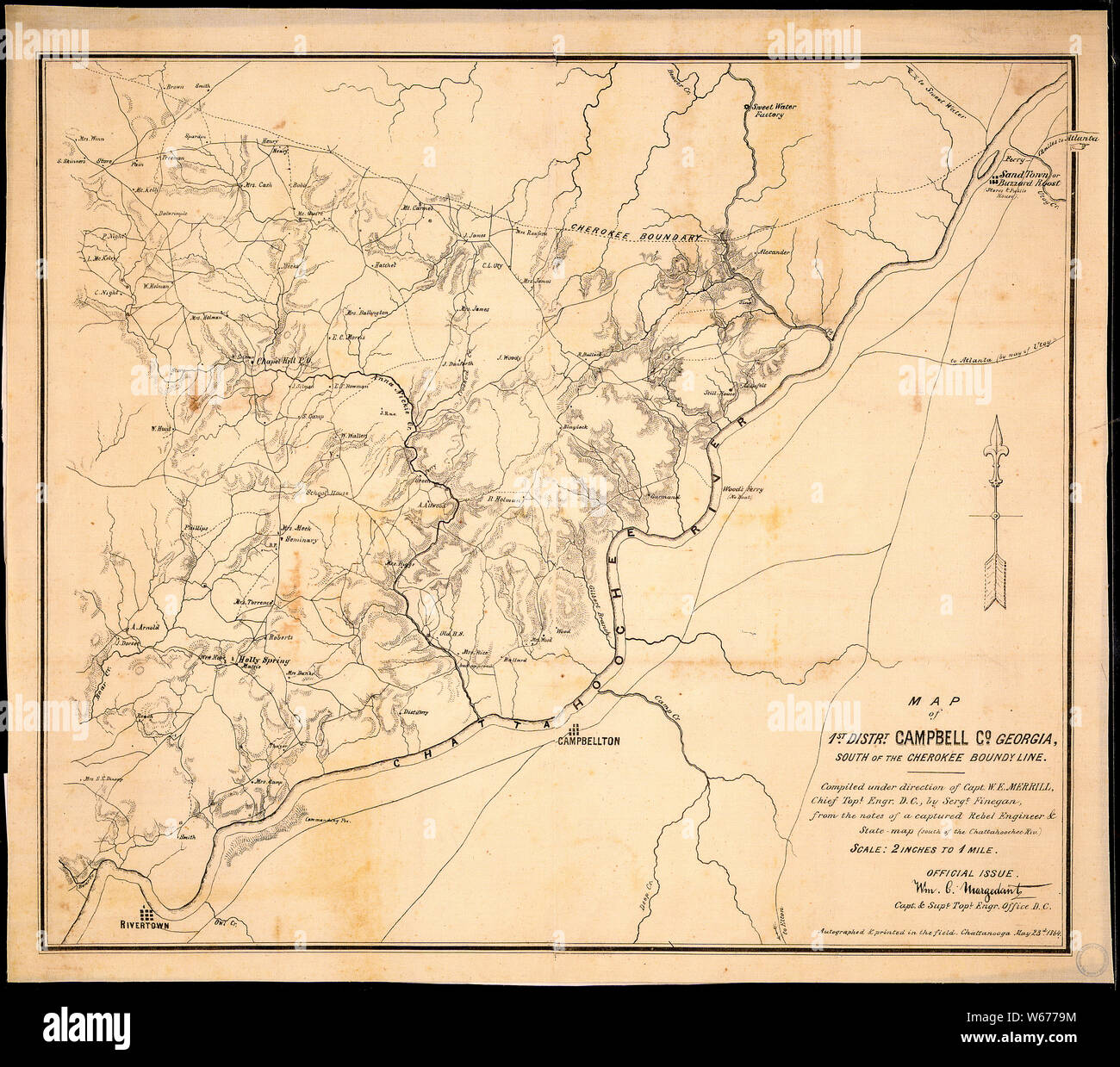 Mappa di 1Distrt., Campbell Co., Georgia, a sud di Cherokee linea di confine. Compilato sotto la direzione di Capt. W. E. Merrill, Chief Topl. Engr., D. C., da Sergt. Finegan dalle note di un ribelle catturato tecnico & mappa di stato (sud del Chattahoochee riv.)...firmato e stampata nel campo. Chattanooga, Maggio 23d, 1864. Foto Stock