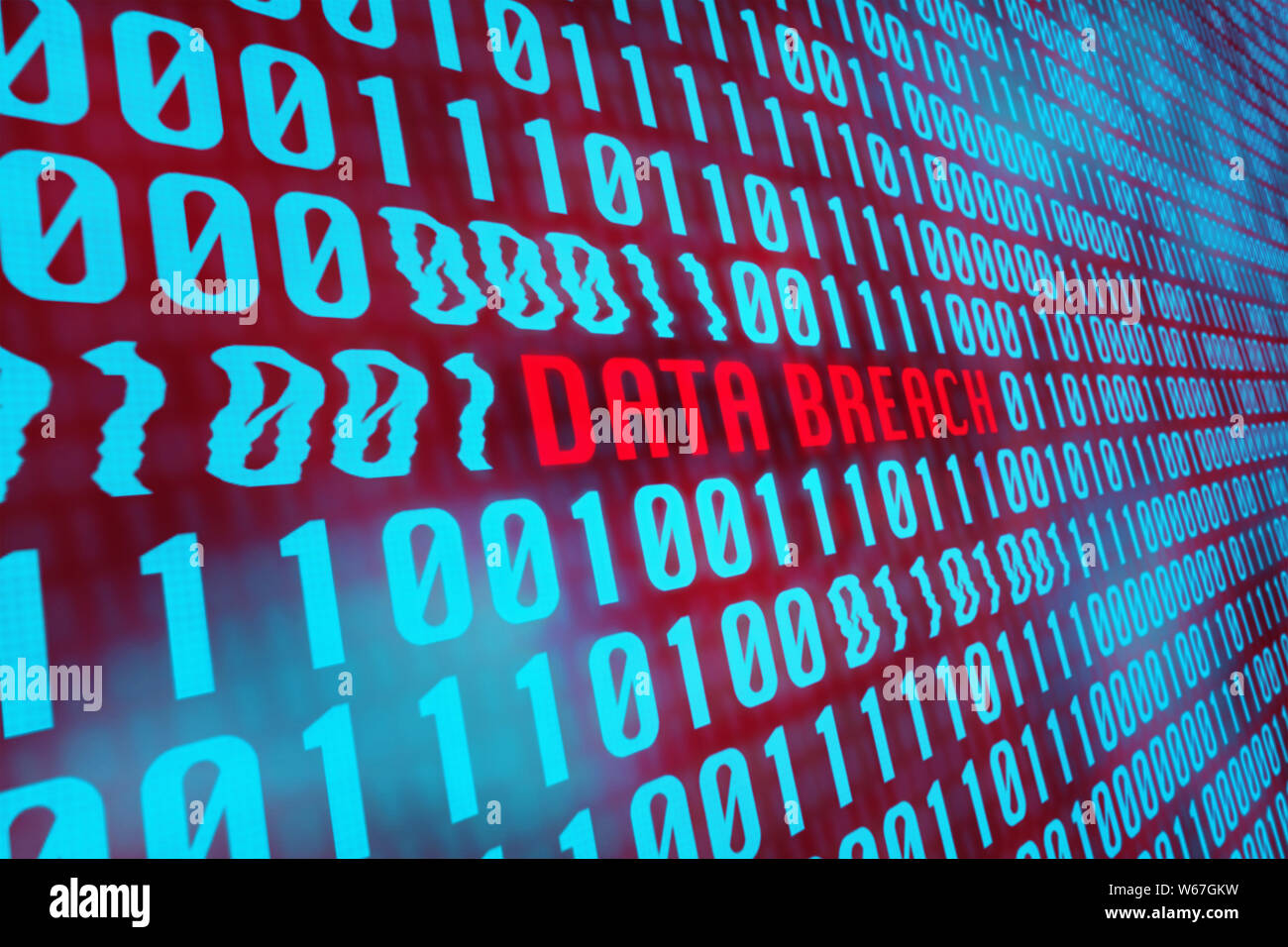 Computer Security concetto con uno schermo di incandescente cifre binarie e un 'Data violazione' avvertenza nel testo in rosso Foto Stock