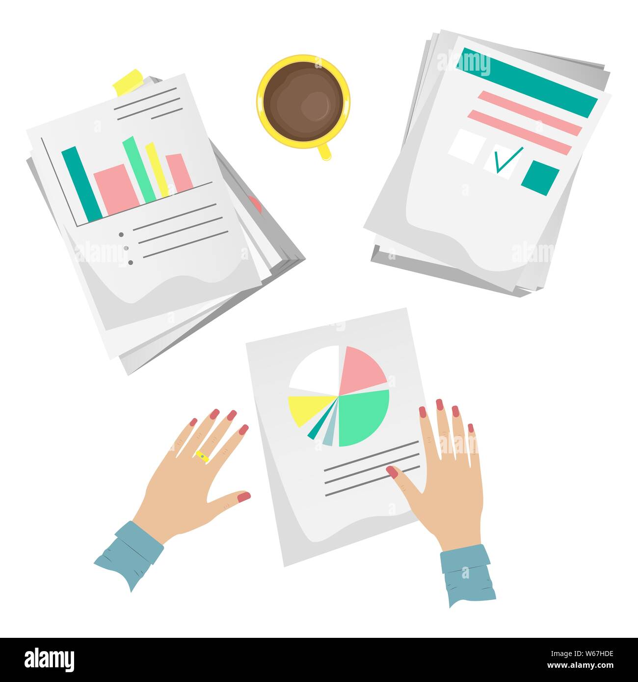 Pile di carte e documenti sul desktop con una tazza di caffè e articoli di cancelleria. Vettore di piatti in stile cartone animato. Illustrazione Vettoriale