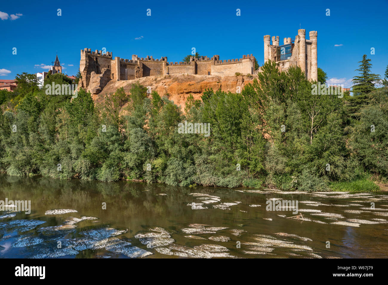 Castillo de los Acuña, il castello medievale, del secolo XIV, su Rio Esla, a Valencia De Don Juan, provincia di León, Castilla y Leon, Spagna Foto Stock