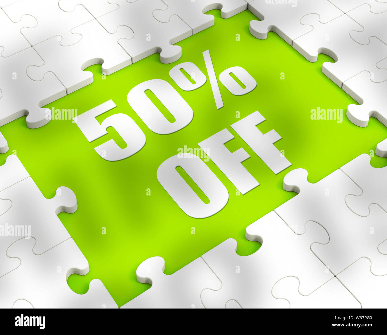 Il cinquanta per cento di sconto che mostra la riduzione 50% in meno del prezzo. Offerte speciali tariffe metà prezzo prodotto - 3d illustrazione Foto Stock