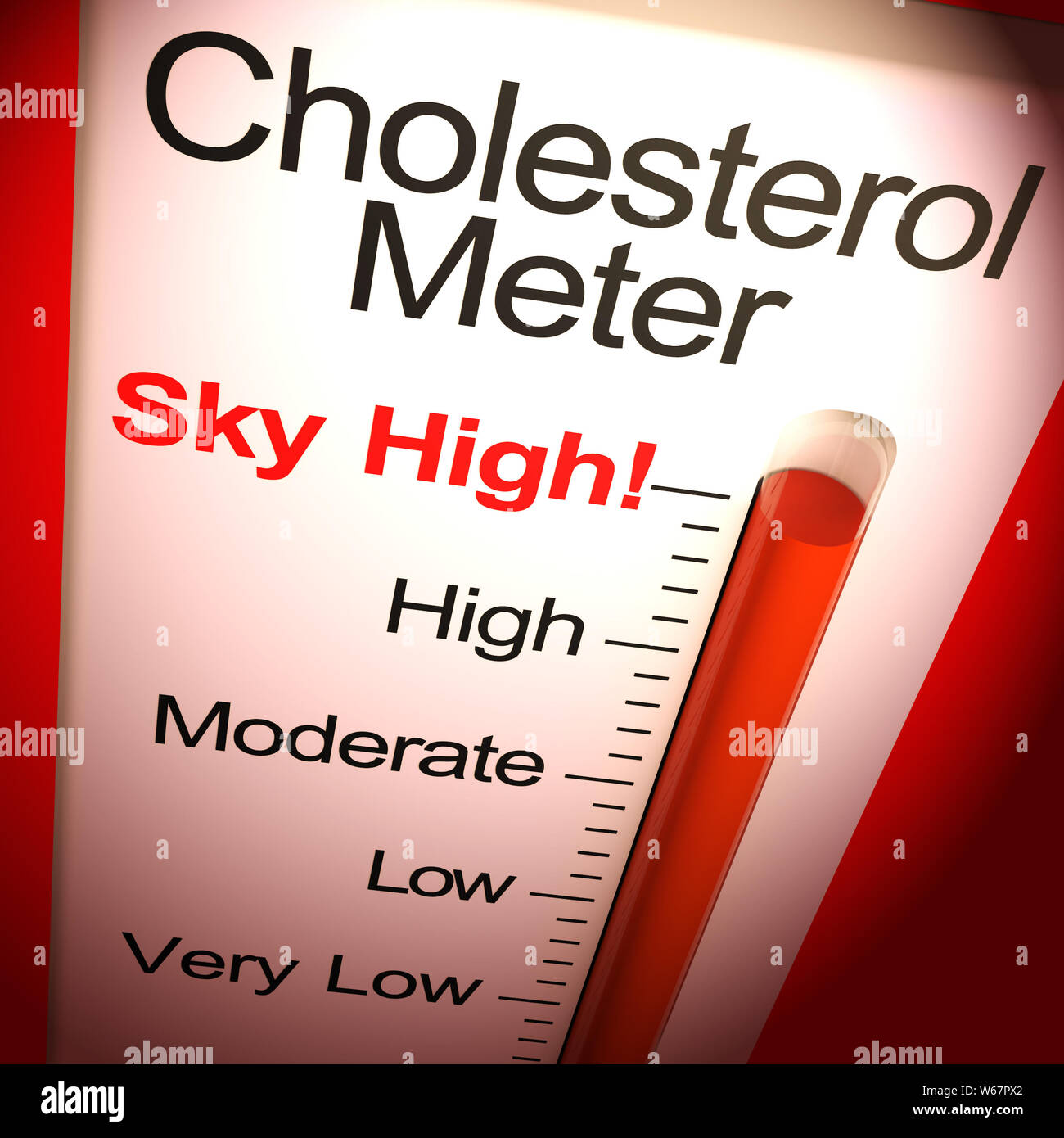 Misuratore di colesterolo sky-alta mostra una elevata pressione del sangue. Può causare malattie del cuore e il trattamento in ospedale - 3d illustrazione Foto Stock