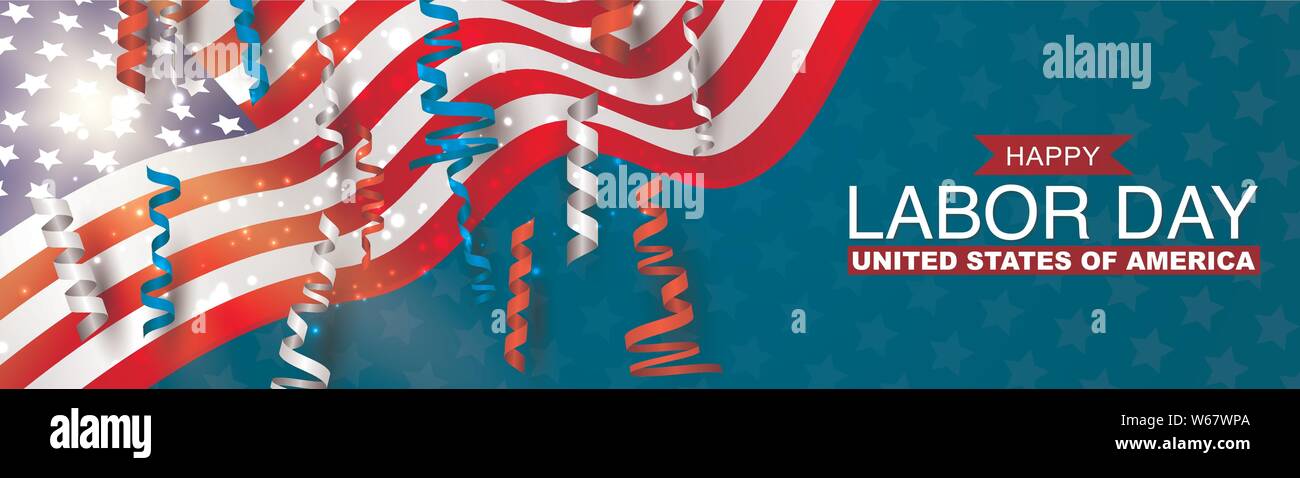 Felice giornata di lavoro banner con bandiera degli Stati Uniti e il blu, rossa e bianca boccoli. Gli Stati Uniti vacanza nazionale pubblicità design della testata. Illustrazione Vettoriale Illustrazione Vettoriale