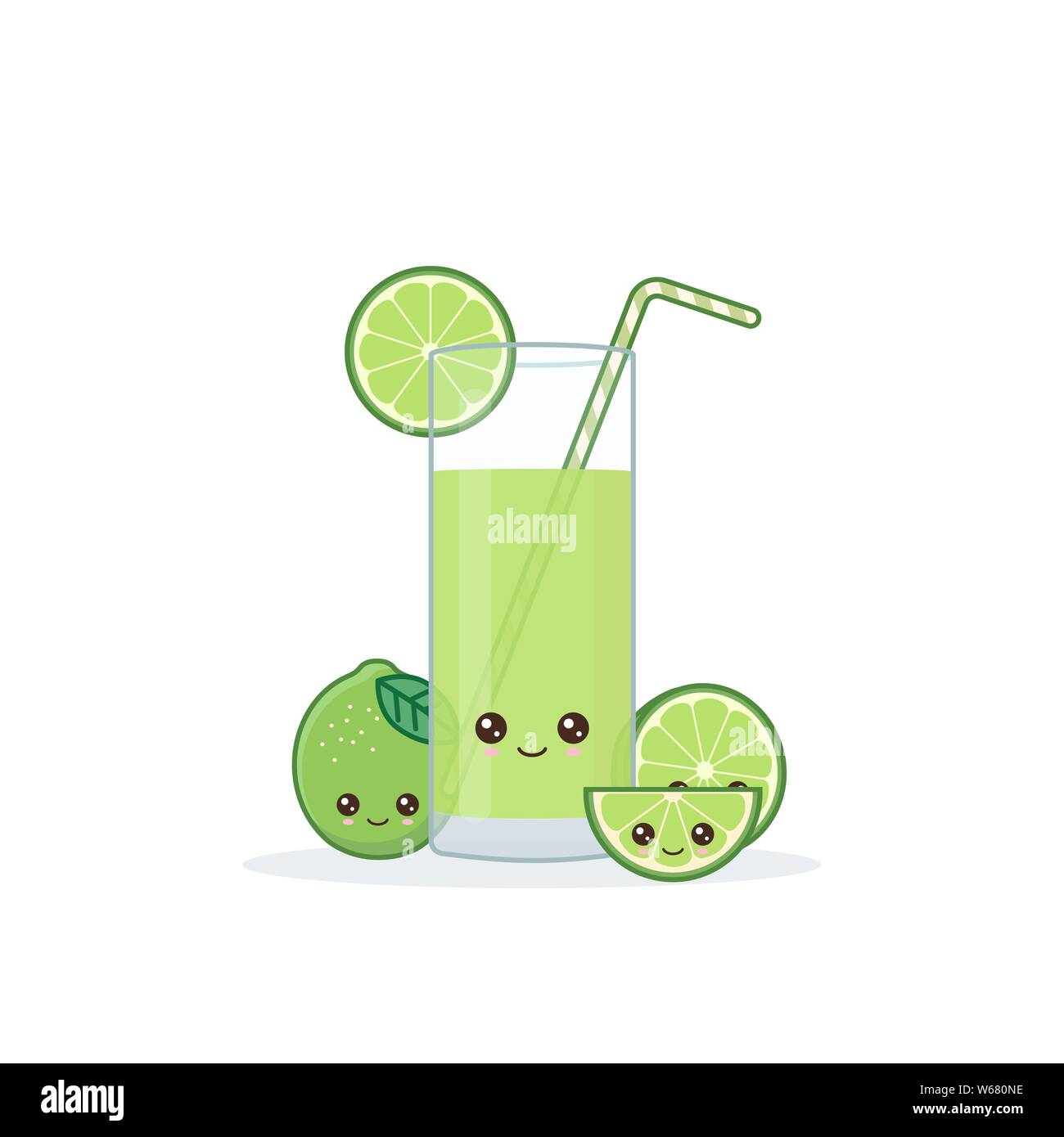 Il succo di lime. Carino kawai sorridente cartoon succo con fette in un bicchiere con il succo della paglia. Illustrazione Vettoriale