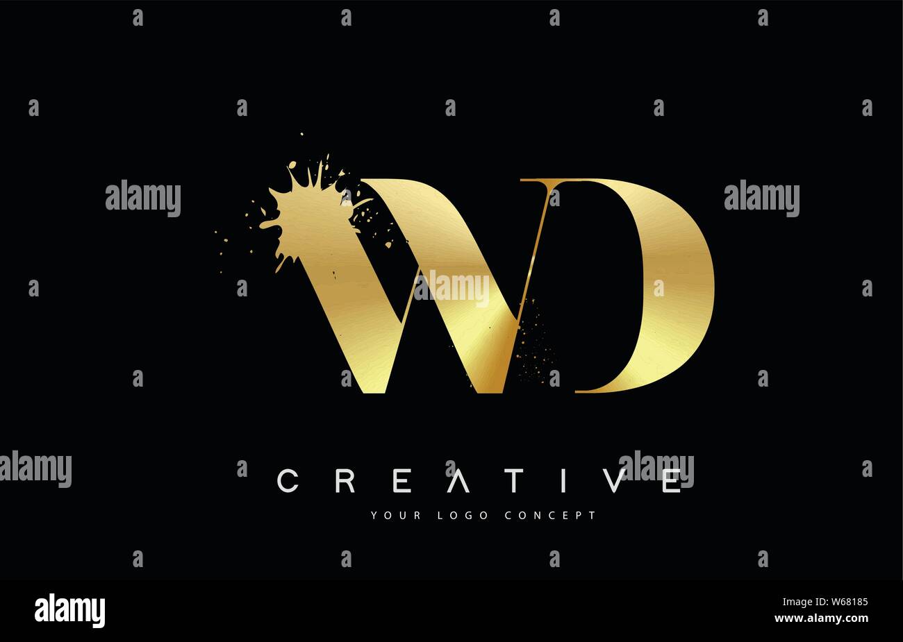 WD W DLetter Logo con oro metallo fuso Splash disegno vettoriale illustrazione. Illustrazione Vettoriale