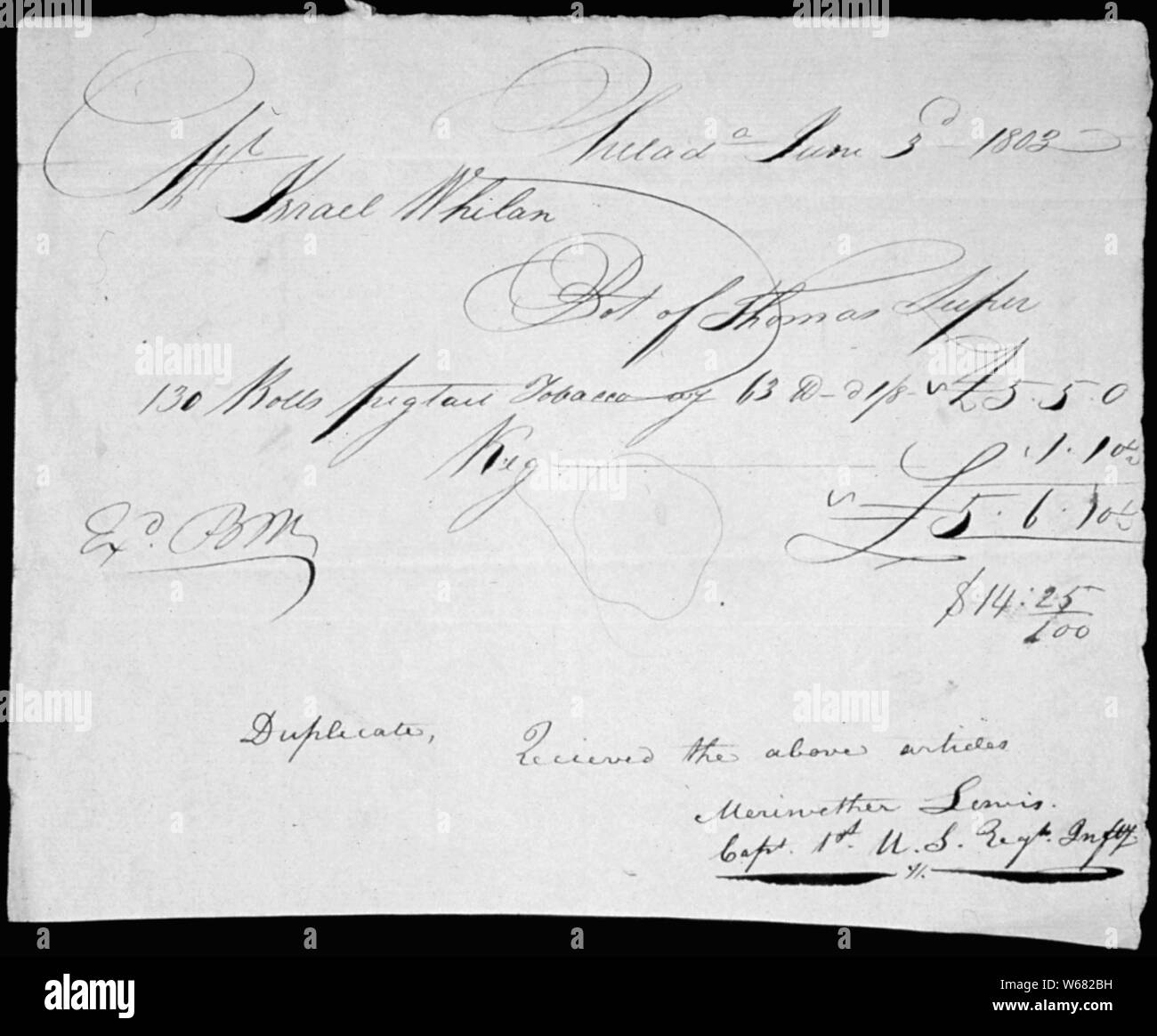 Ricevuta per 130 rotoli di tabacco a spiralina acquistati da Meriwether Lewis per la spedizione a ovest, campo di applicazione e il contenuto: In un messaggio segreto al Congresso datata 18 gennaio 1803, il presidente Thomas Jefferson ha chiesto per $2.500 per esplorare territori ad ovest del Pacifico. Jefferson ha lavorato a stretto contatto con Lewis, co-comandante della spedizione per assicurare che egli era ben preparato per anticipare la parte di esigenze. Mentre la parte correva fuori di tali beni di lusso come il whiskey, il tabacco e il sale, avevano un sacco di fucili, polvere di carta e inchiostro. Note generali: Box 560A. Presentano la storia: American originali, Dicembre 1996 - Foto Stock