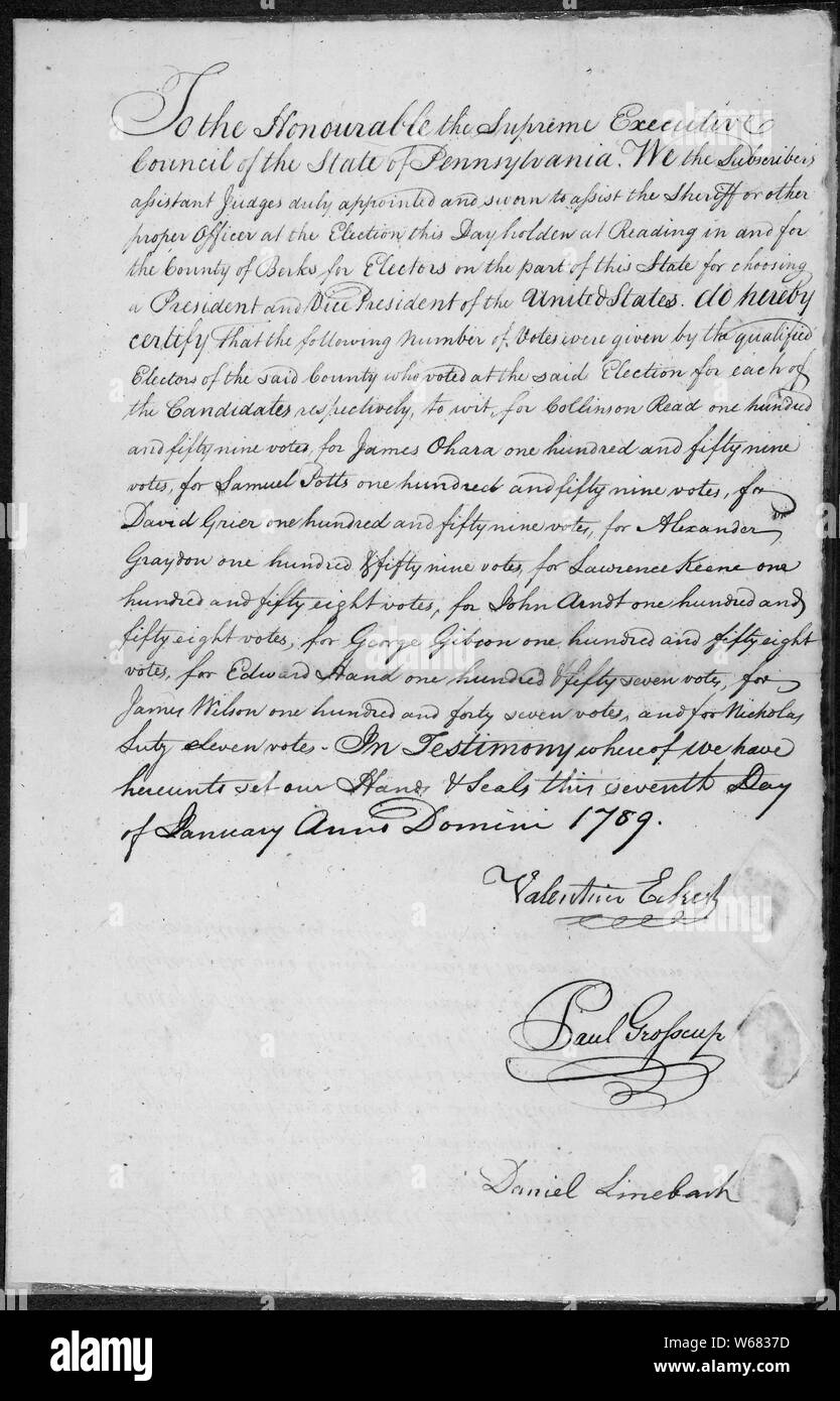Il ritorno dell'elezione degli elettori per la scelta di un presidente e di Vice Presidente degli Stati Uniti, Berks County, Pennsylvania, 01/07/1789 Foto Stock