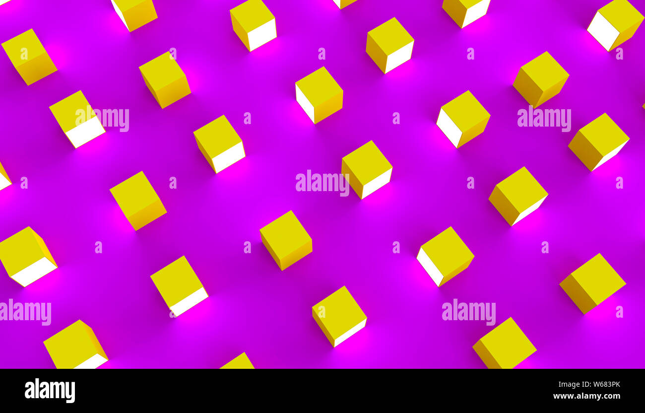 Gruppo di cubetti di colore giallo con un lato luminoso su uno sfondo violetto. non uniforme e ripetitiva sfondo geometrico. Immagine 3D render Foto Stock