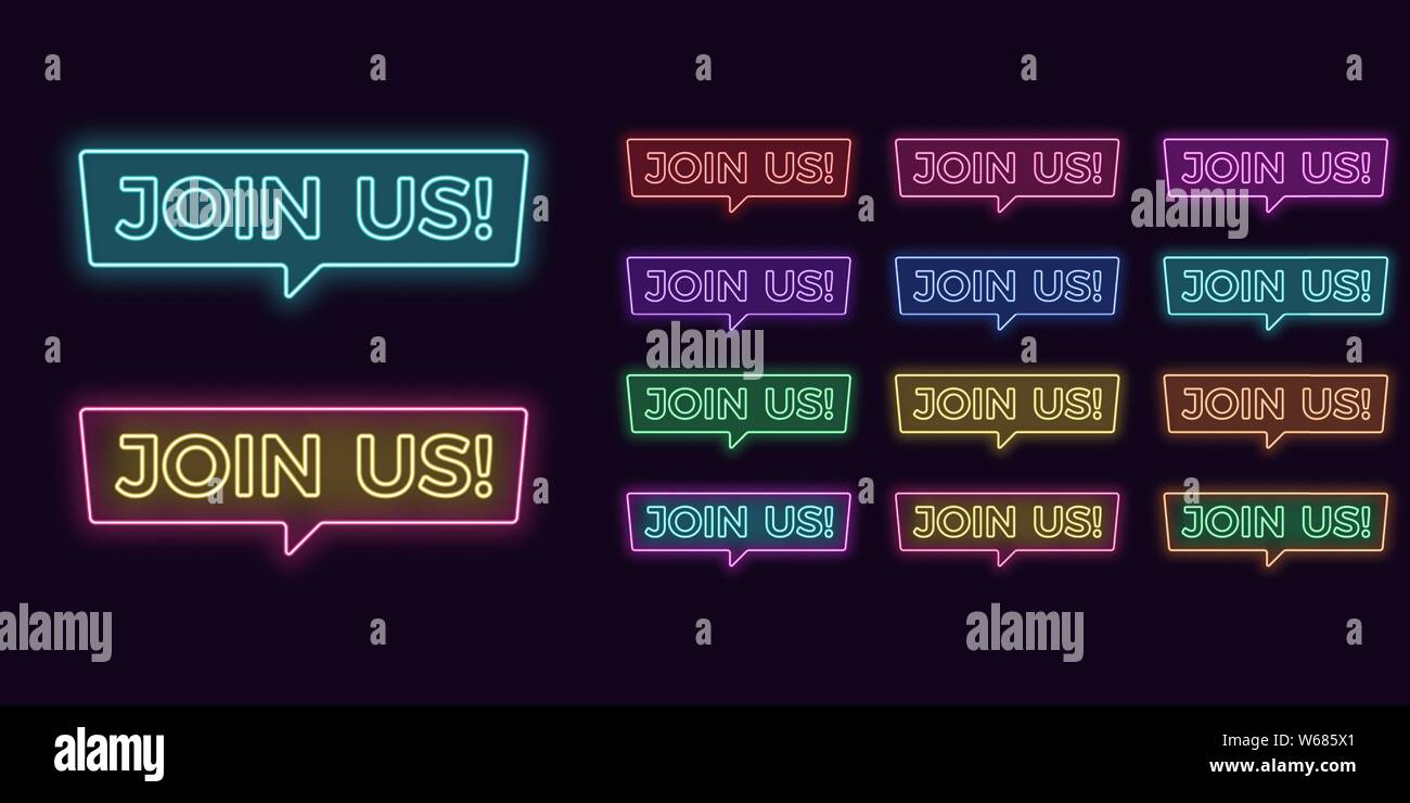 Testo al neon Unisciti a noi, espressiva del titolo. Set di incandescente cartello unirsi a noi in neon stile struttura trasparente con retroilluminazione. Kit di vettore, rosso porpora rosa vi Illustrazione Vettoriale
