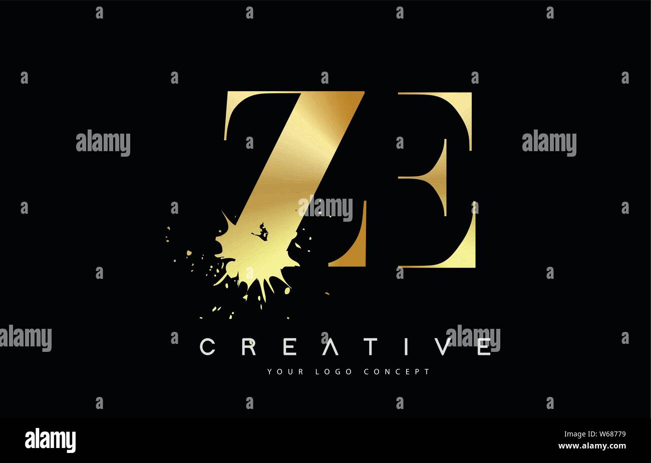 ZE Z LETTERA E Logo con oro metallo fuso Splash disegno vettoriale illustrazione. Illustrazione Vettoriale