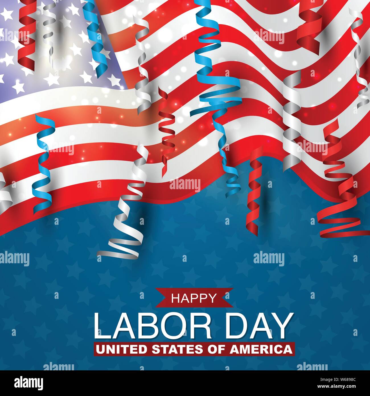 Felice giornata di lavoro con la bandiera degli Stati Uniti e il blu, rossa e bianca boccoli. Gli Stati Uniti vacanza nazionale. Illustrazione Vettoriale. Illustrazione Vettoriale