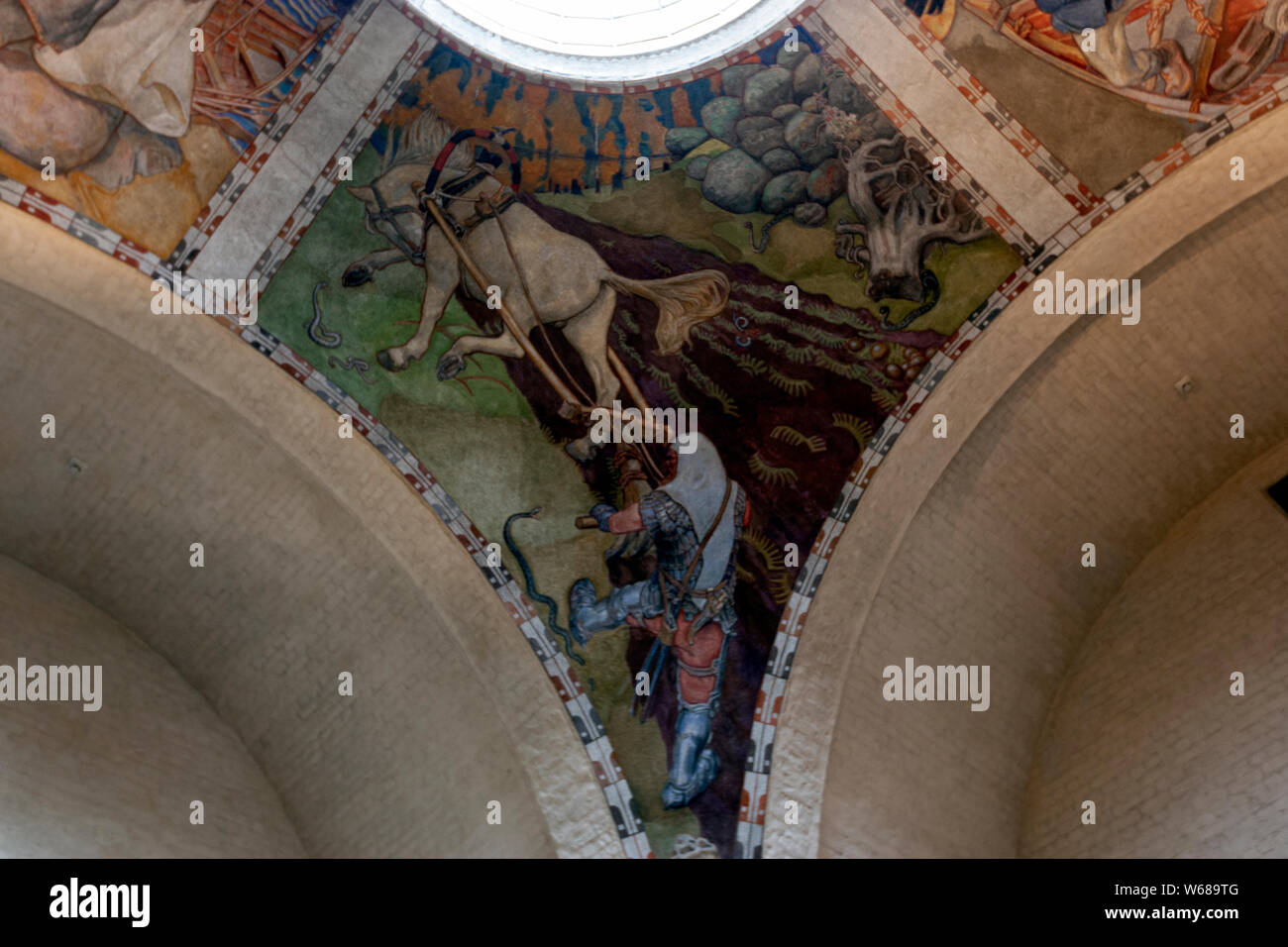 Hall il soffitto con affreschi con tema Kalevala dipinta da Akseli Gallén-Kallela, il museo nazionale della Finlandia, Helsinki, Finlandia Foto Stock