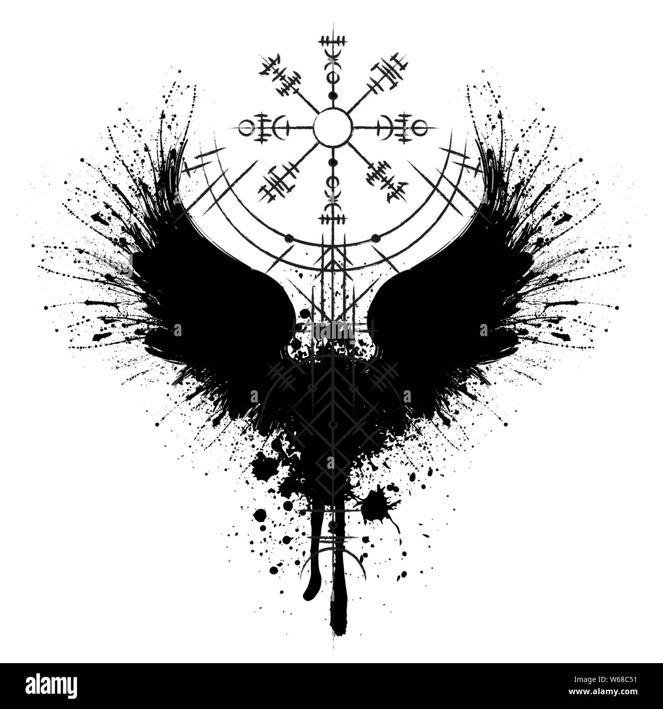 Black Bird grunge ali silhouette con simbolo viking isolati su sfondo bianco Illustrazione Vettoriale