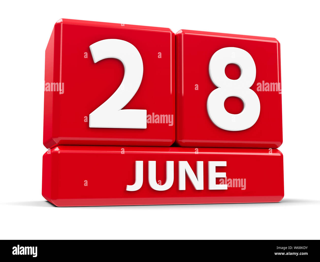 Cubi rossi - Venti ottavo di giugno - su un tavolo bianco, tridimensionale, rendering 3D illustrazione Foto Stock