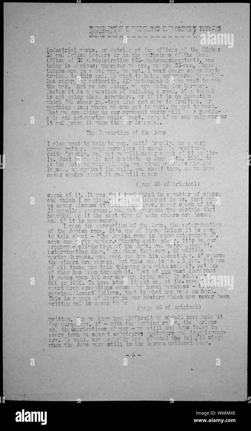 Traduzione di un discorso Exerpt in cui Himmler definisce l'evacuazione degli ebrei come sterminio, traduzione ufficiale dal crimine di guerra delle sperimentazioni di leader nazista tenutasi a Nuernburg; Portata e contenuto: Questa è la traduzione di un tedesco di trascrizione del discorso, realizzato a partire da una registrazione audio. Note generali: presentano 170 presentate al tribunale da parte degli Stati Uniti. Presentano la storia: American originali, Dicembre 1996 - dicembre 1997, archivi nazionali Rotunda, Washington DC, presentano n. 624.0131. In primo piano il documento: giorni di ricordo, archivi nazionali Constitution Avenue Lobby, Washington DC, Foto Stock