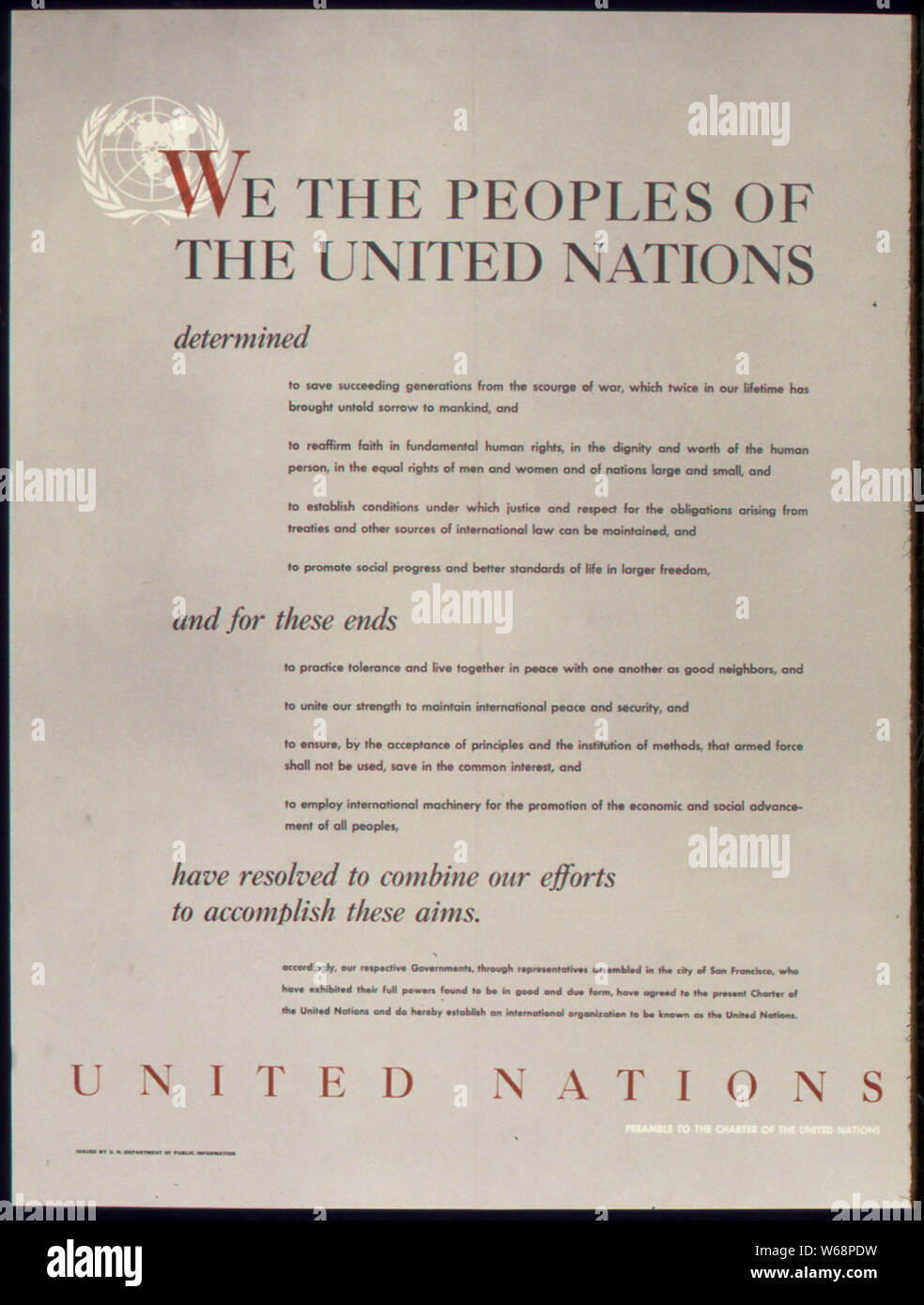 Nazioni Unite - PREAMBOLO DELLA CARTA DELLE NAZIONI UNITE Foto stock - Alamy