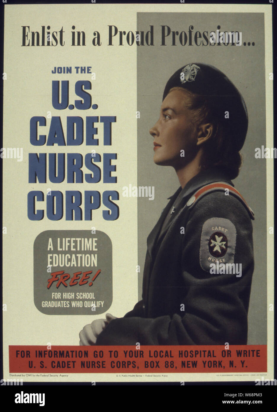 Stati Uniti Infermiera Cadet Corps per informazioni vai al vostro ospedale locale o scrivere U.S. Infermiera Cadet Corps, BOX 88, New York, N.Y. Foto Stock