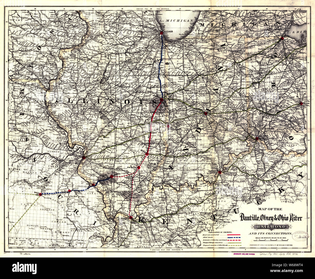 0250 Railroad Maps Mappa di Danville Olney fiume Ohio della ferrovia e delle sue connessioni ricostruire e riparare Foto Stock