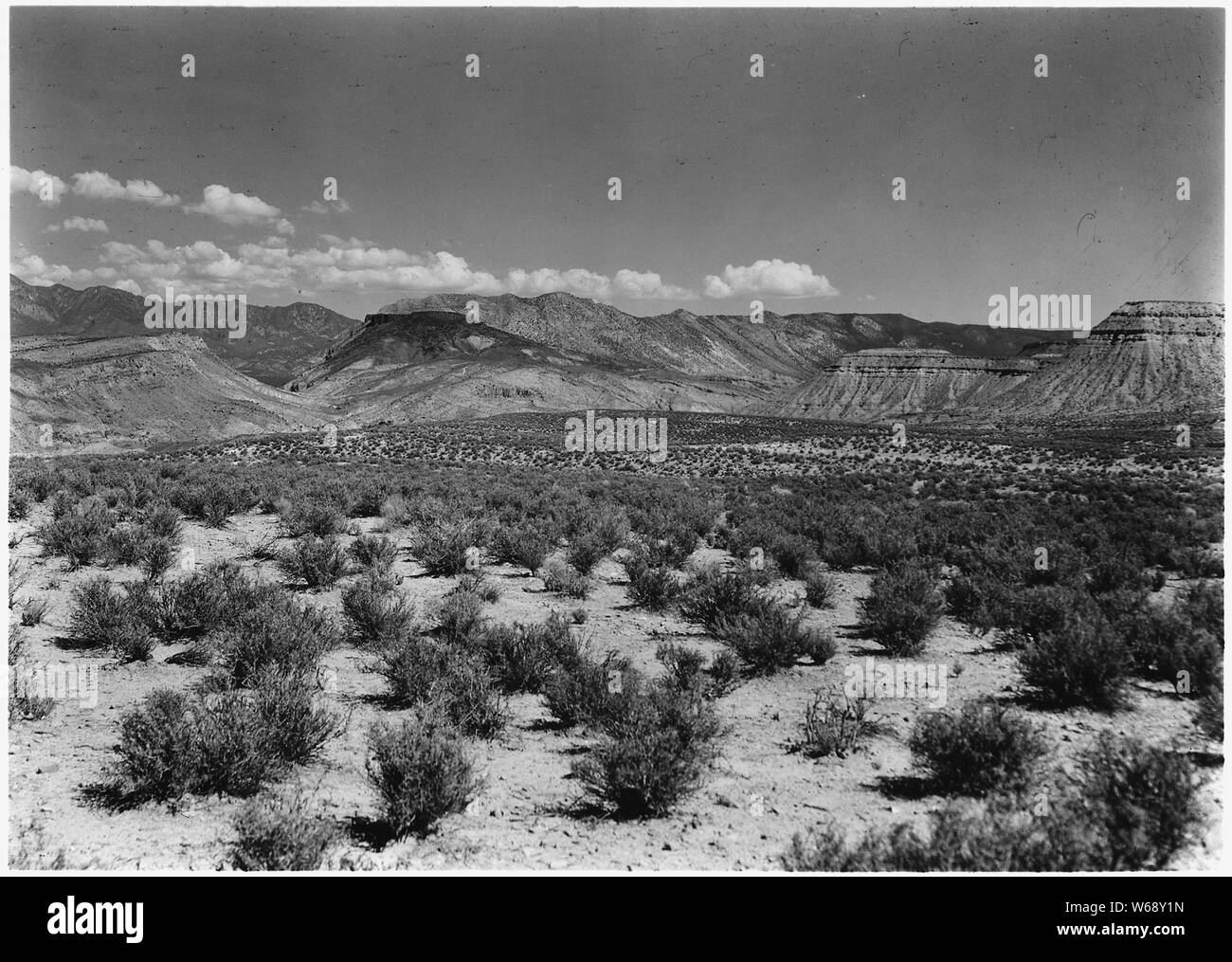 Vista del ramo dell'Uragano anomalia che mostra il blocco inclinato a sinistra che si è ribaltato tra le forche con la colpa principale. Visibile a nord-ovest dalla cima di La Verkin Hill [sulla strada principale da Anderson nel suo ranch a Sion. Nota un flusso di lava sulla parte superiore e i lati del blocco inclinato all'estrema sinistra della foto.] Foto Stock