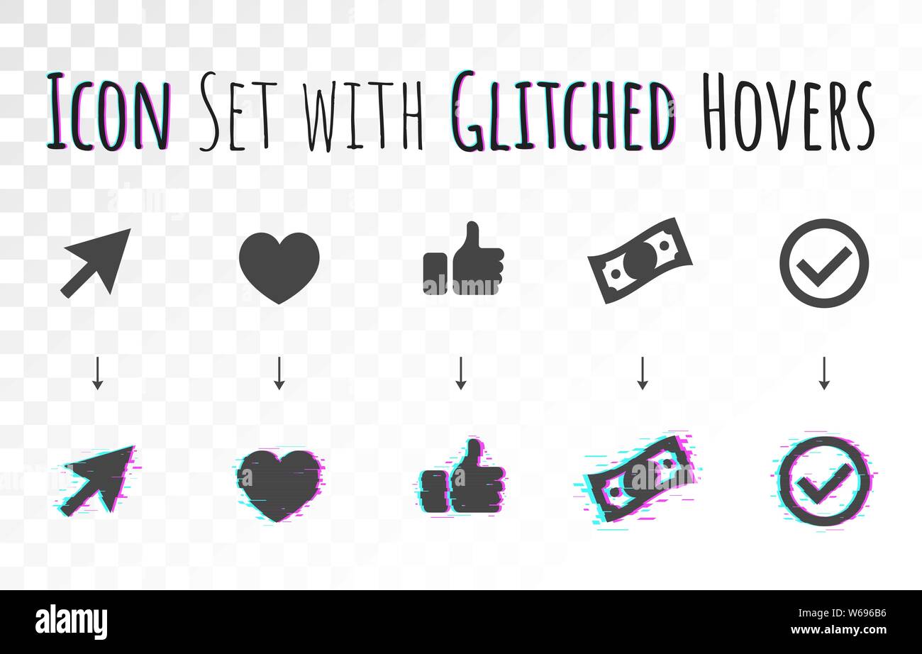 Dashboard icon set con Glitched versione per hover animare le azioni. Simboli aziendali vettore a tema. Ci sono freccia, cuore, amore, come dollaro e Illustrazione Vettoriale