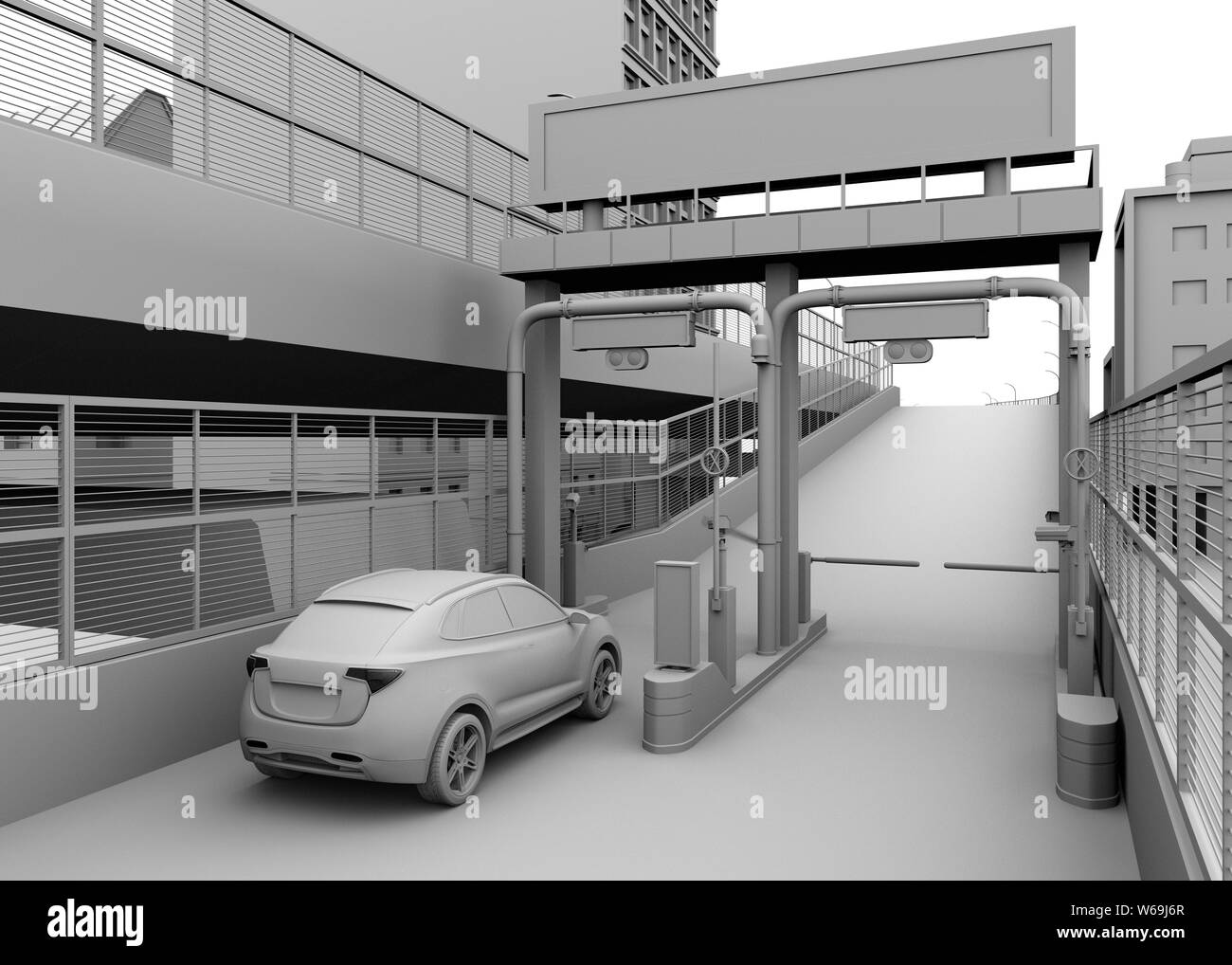 Il rendering di argilla SUV passando attraverso toll gate senza sosta da ETC (Electronic Toll Collection System). Il rendering 3D'immagine. Foto Stock