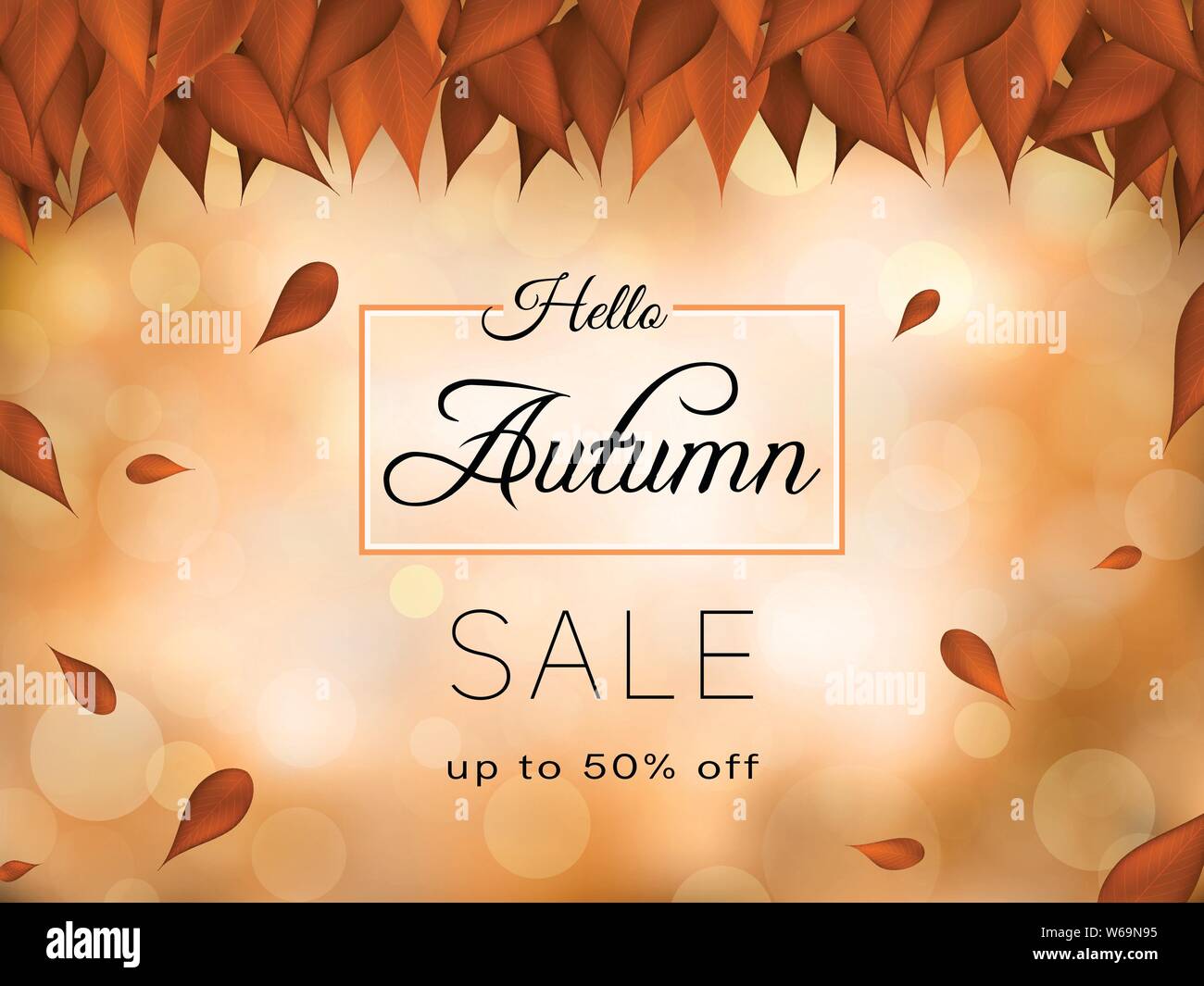 In autunno il design di sconto in marrone e arancione. La vendita del testo con la caduta di foglie. Telaio lascia dietro la foresta sfocate, bokeh di fondo con effetto di luce. In autunno Illustrazione Vettoriale