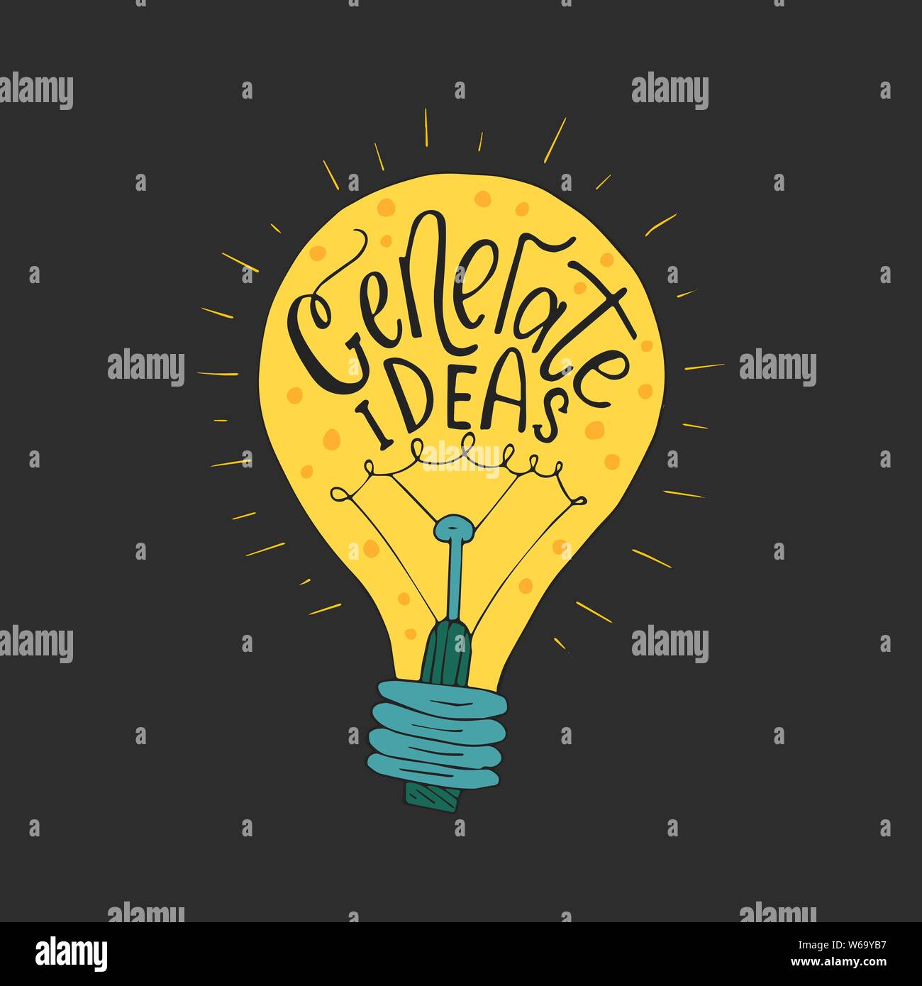 Generare le idee. Spazzola Handdrawn lettering. Vettore di Business llustration con lampadina per disegni moderni. Illustrazione Vettoriale