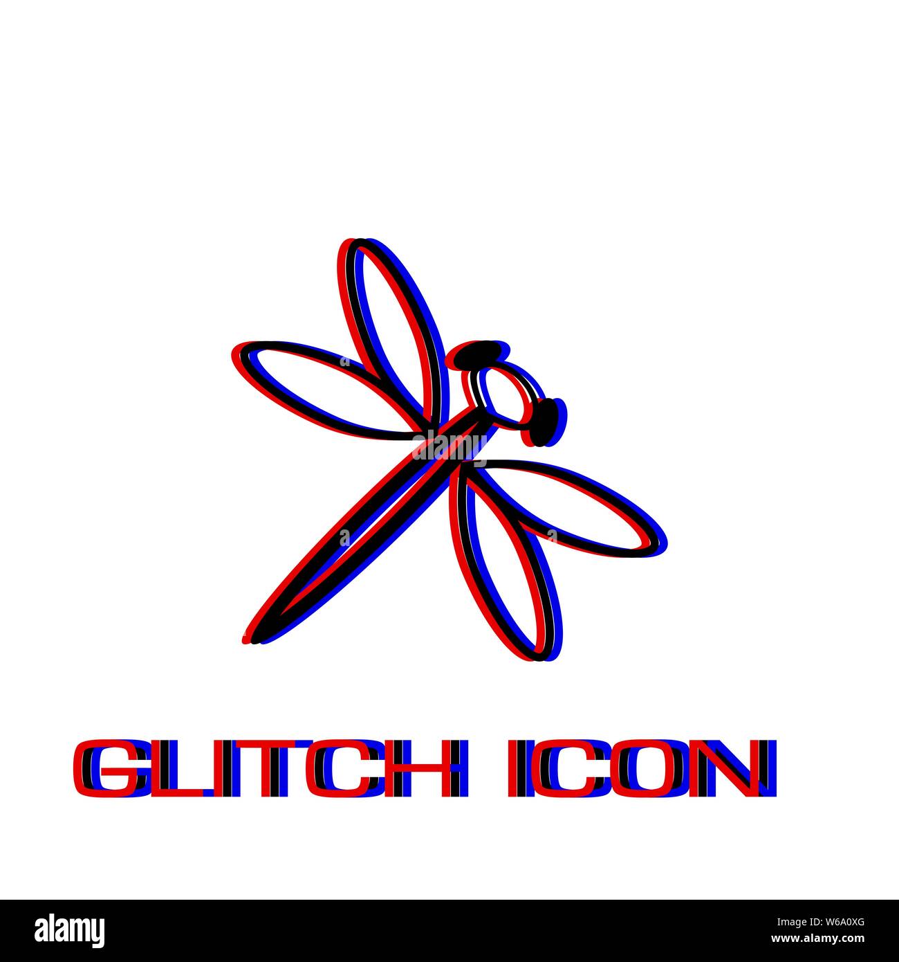 Icona a forma di libellula piatta. Pittogramma di semplice - effetto di glitch. Illustrazione Vettoriale simbolo Illustrazione Vettoriale