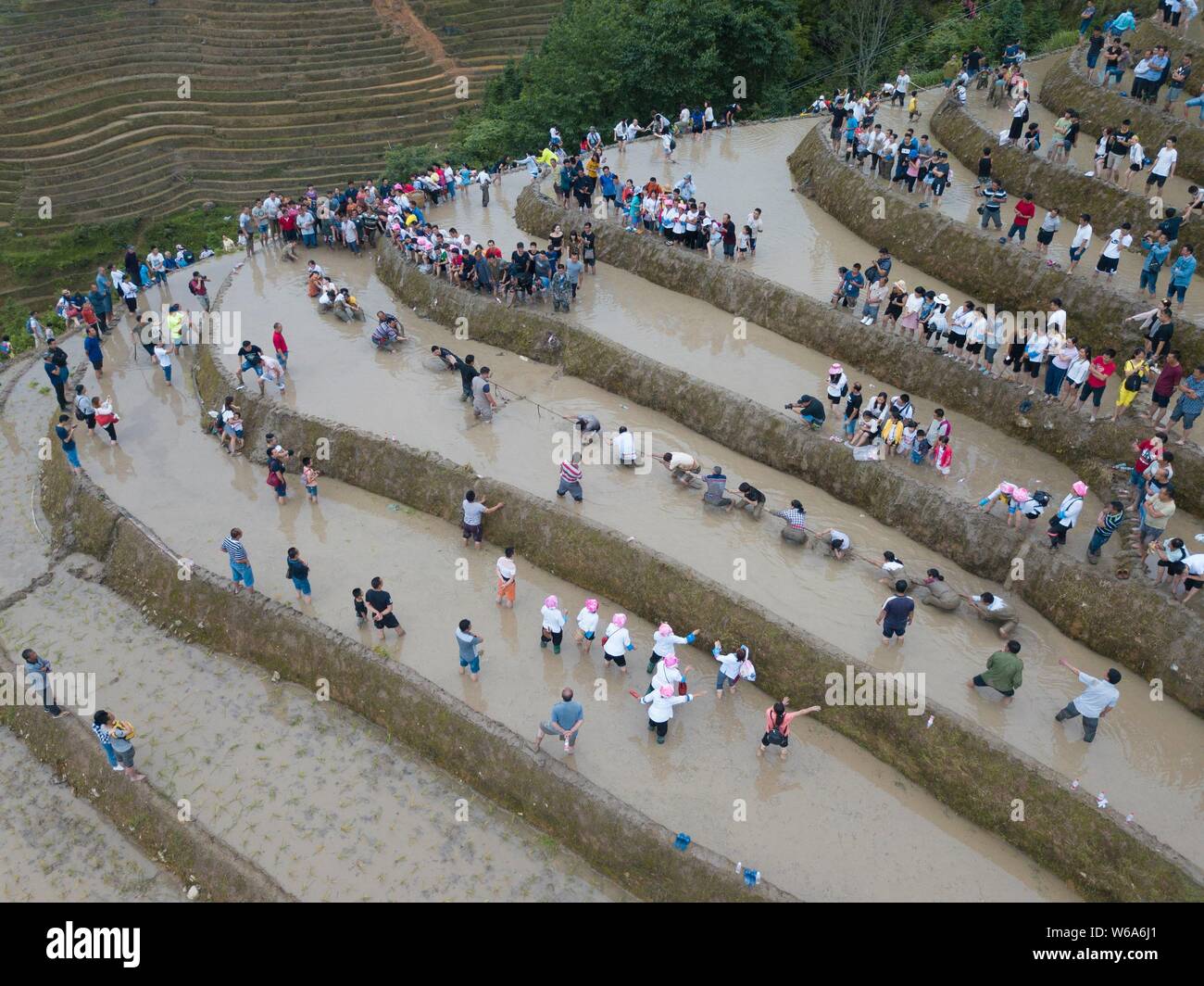 Persone celebrano il trapianto di Riso in festa o Shuyang Festival di Longji campi di riso terrazzati in Heping village, Longsheng varie nazionalità Foto Stock