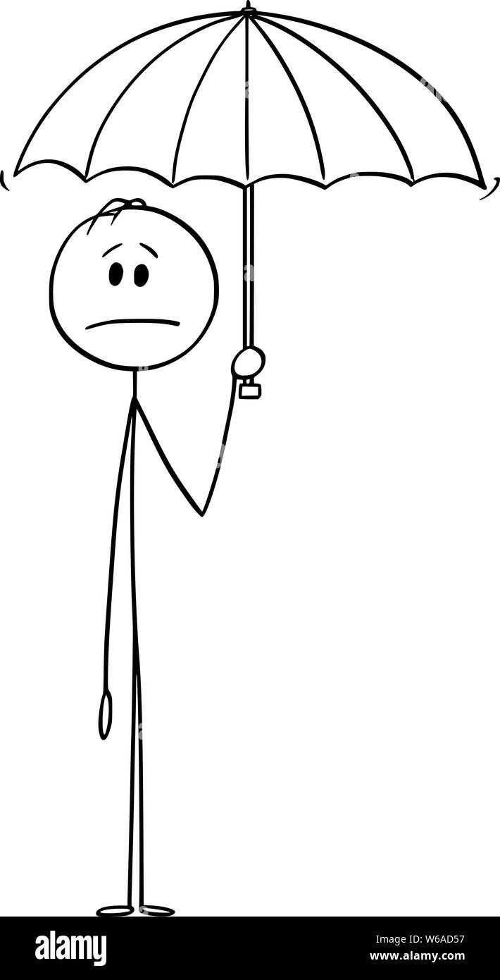 Vector cartoon stick figura disegno illustrazione concettuale dell'uomo o imprenditore tenendo ombrello. Illustrazione Vettoriale