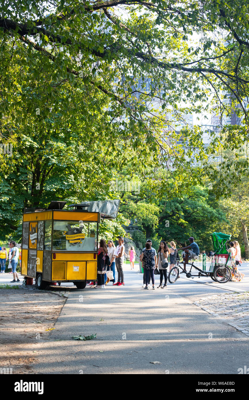 NEW YORK CITY - Luglio 27, 2019: vista del Central Park di New York City con persone in attesa sulla linea a food cart Foto Stock