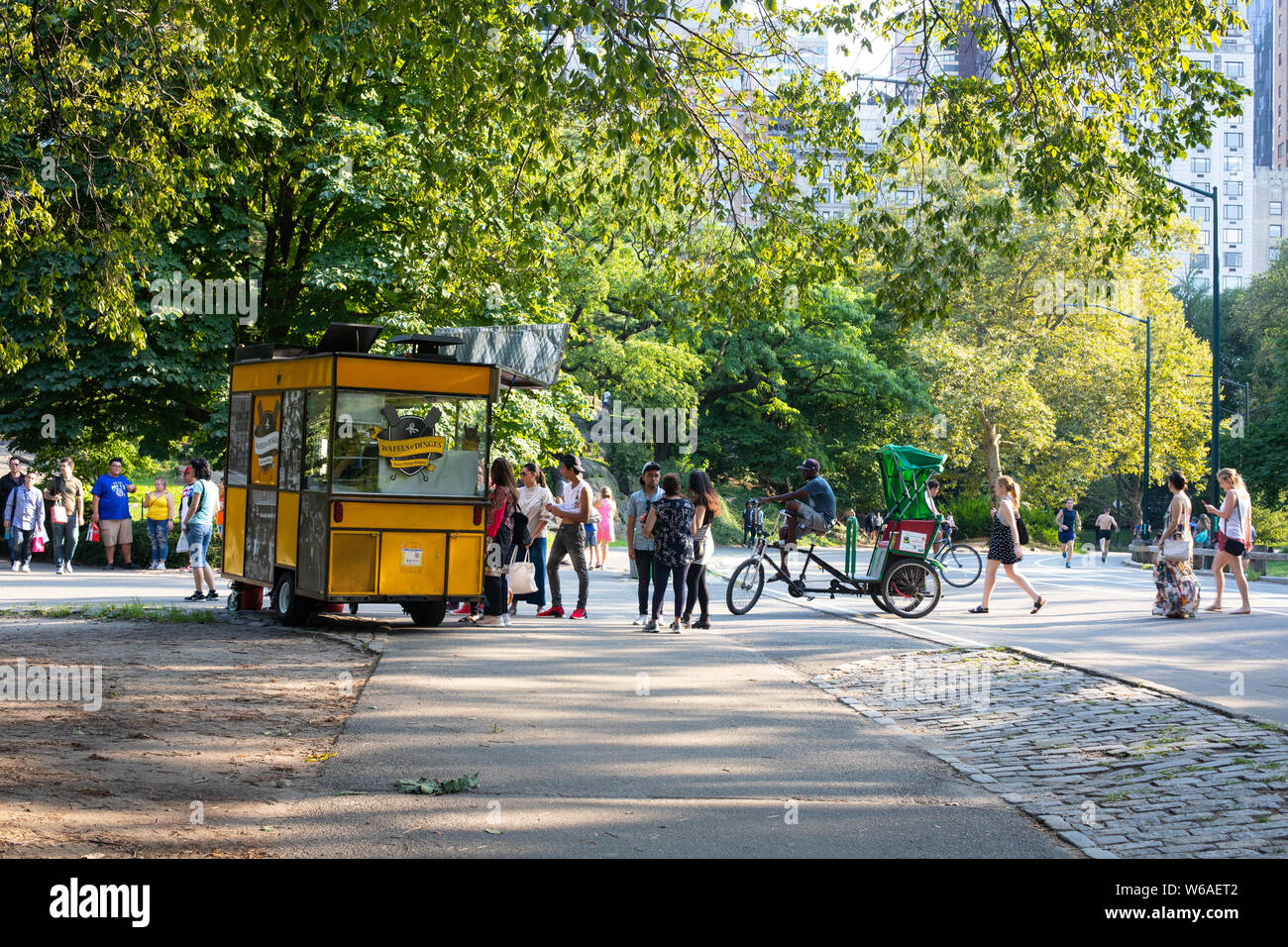 NEW YORK CITY - Luglio 27, 2019: vista del Central Park di New York City con persone in attesa sulla linea a food cart Foto Stock