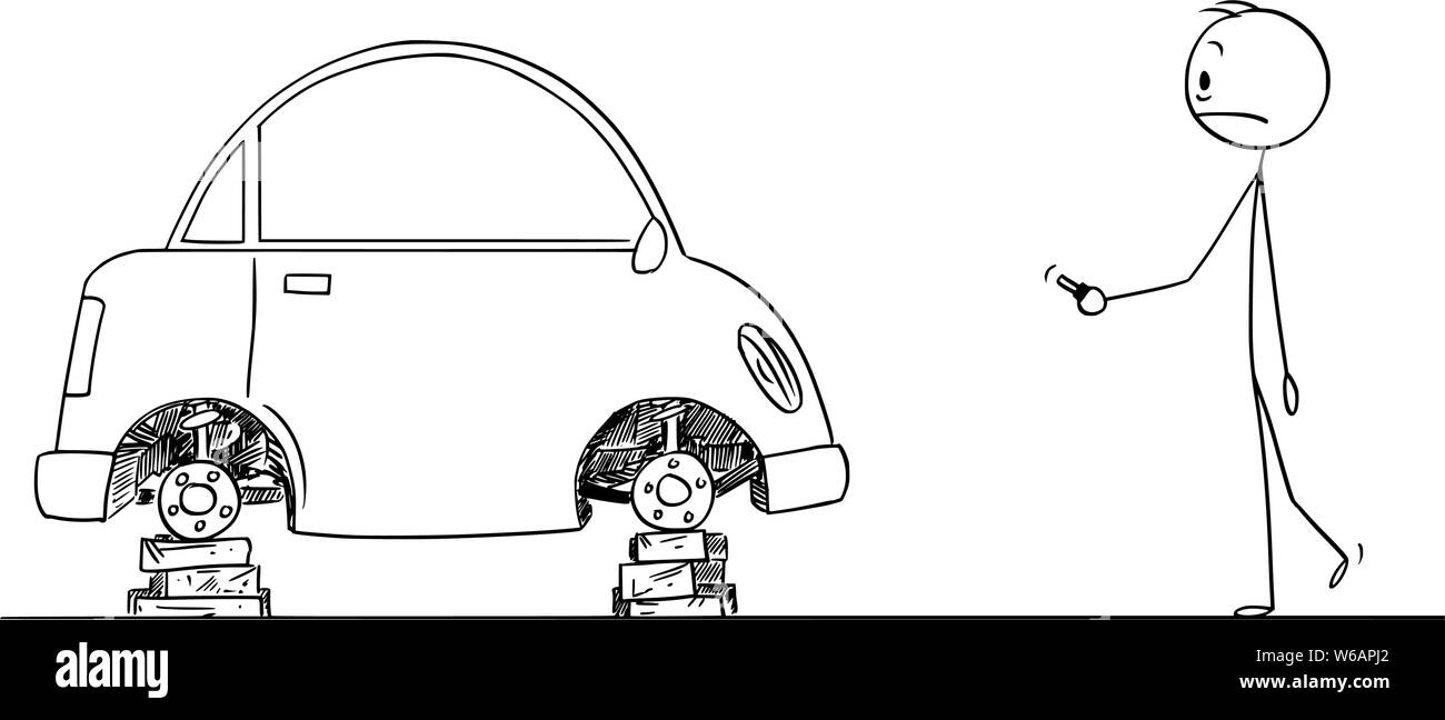 Vector cartoon stick figura disegno illustrazione concettuale di sconvolto l'uomo che ha trovato la sua auto senza ruote e pneumatici. Illustrazione Vettoriale