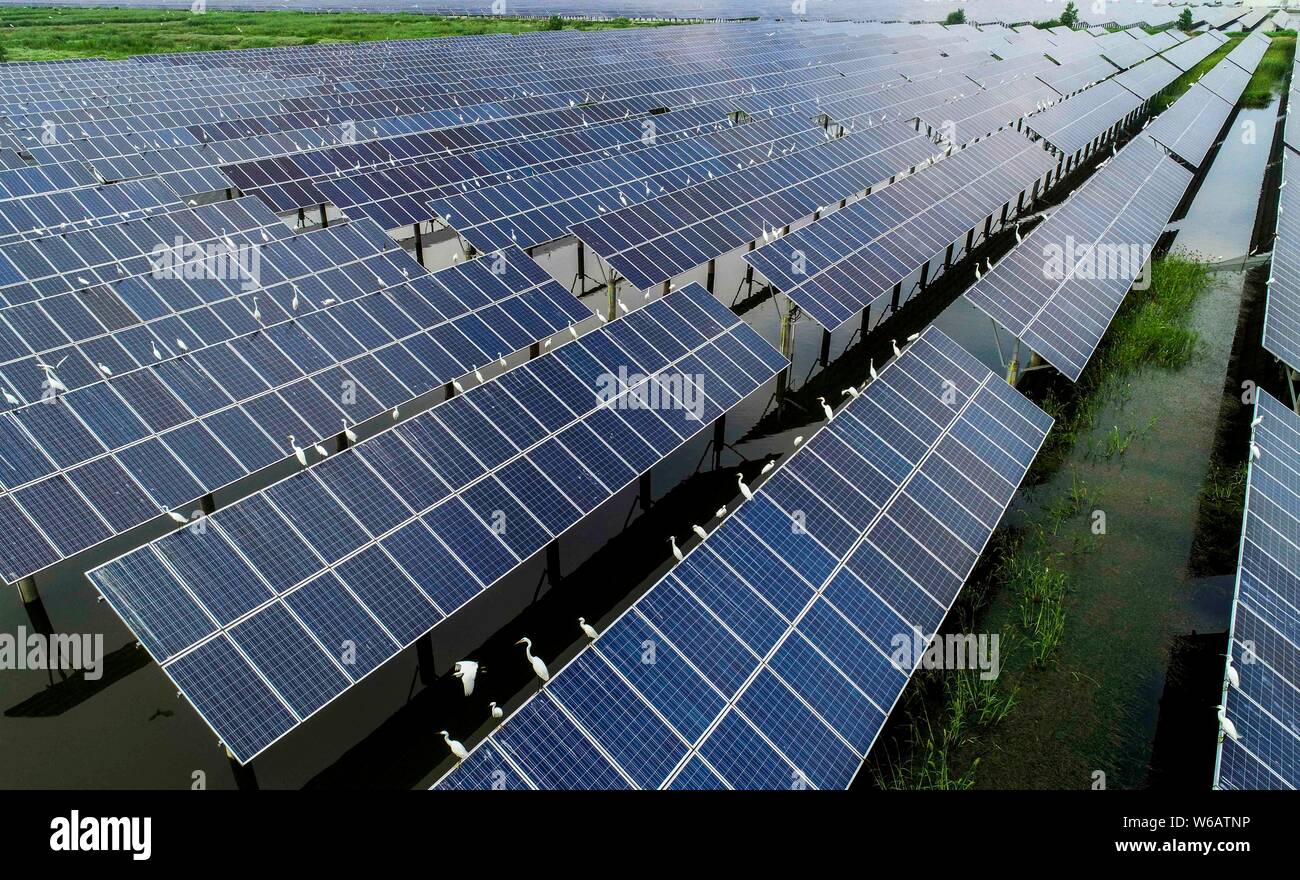 Vista aerea di una grande centrale solare combinare acquacoltura con clean power generation in città Xinghua, est cinese della provincia di Jiangsu, 26 giugno 201 Foto Stock
