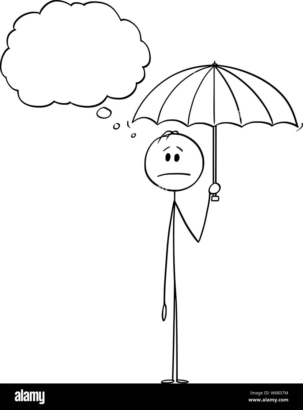 Vector cartoon stick figura disegno illustrazione concettuale dell'uomo o imprenditore tenendo ombrello. Vi è vuoto discorso bolla per il tuo testo. Illustrazione Vettoriale