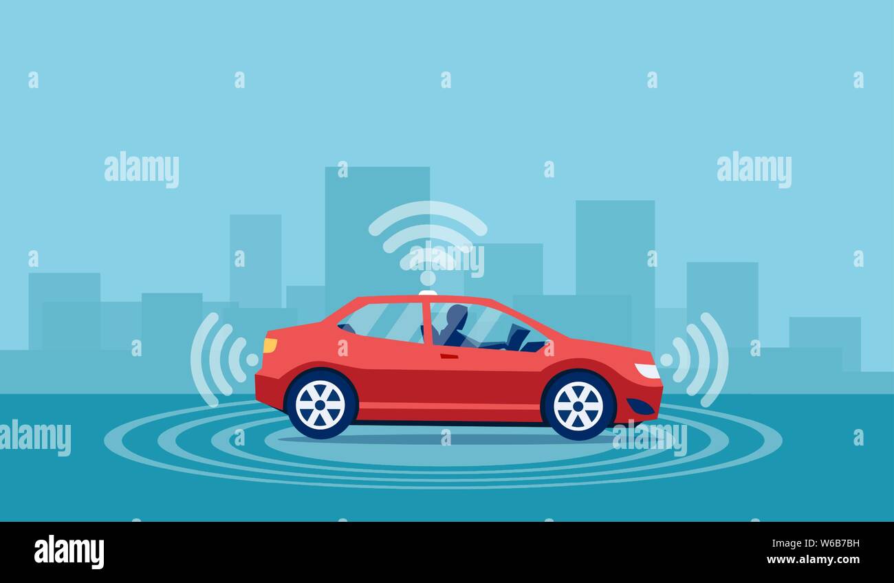 Concetto di vettore di un automobile driverless con uomo seduto dentro la lettura di un libro rilassante Illustrazione Vettoriale