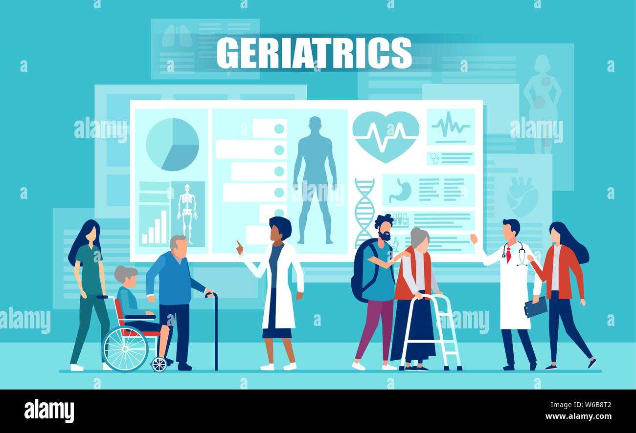 Assistenza sanitaria e geriatria concetto. Vettore del team medico che assiste i pazienti anziani con disabilità utilizzando le applicazioni mediche e la tecnologia moderna Illustrazione Vettoriale