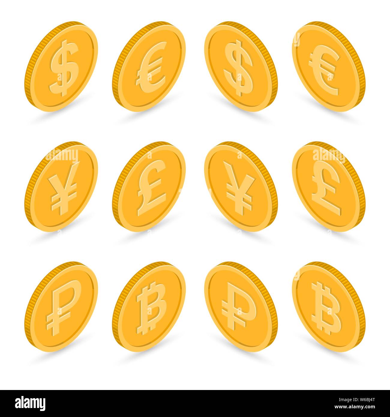 Set di icone monete sul isolato sullo sfondo bianco. Banconote dollaro, euro, sterlina, yuan, ruble, bitcoin. I simboli delle valute in vista isometrica Illustrazione Vettoriale