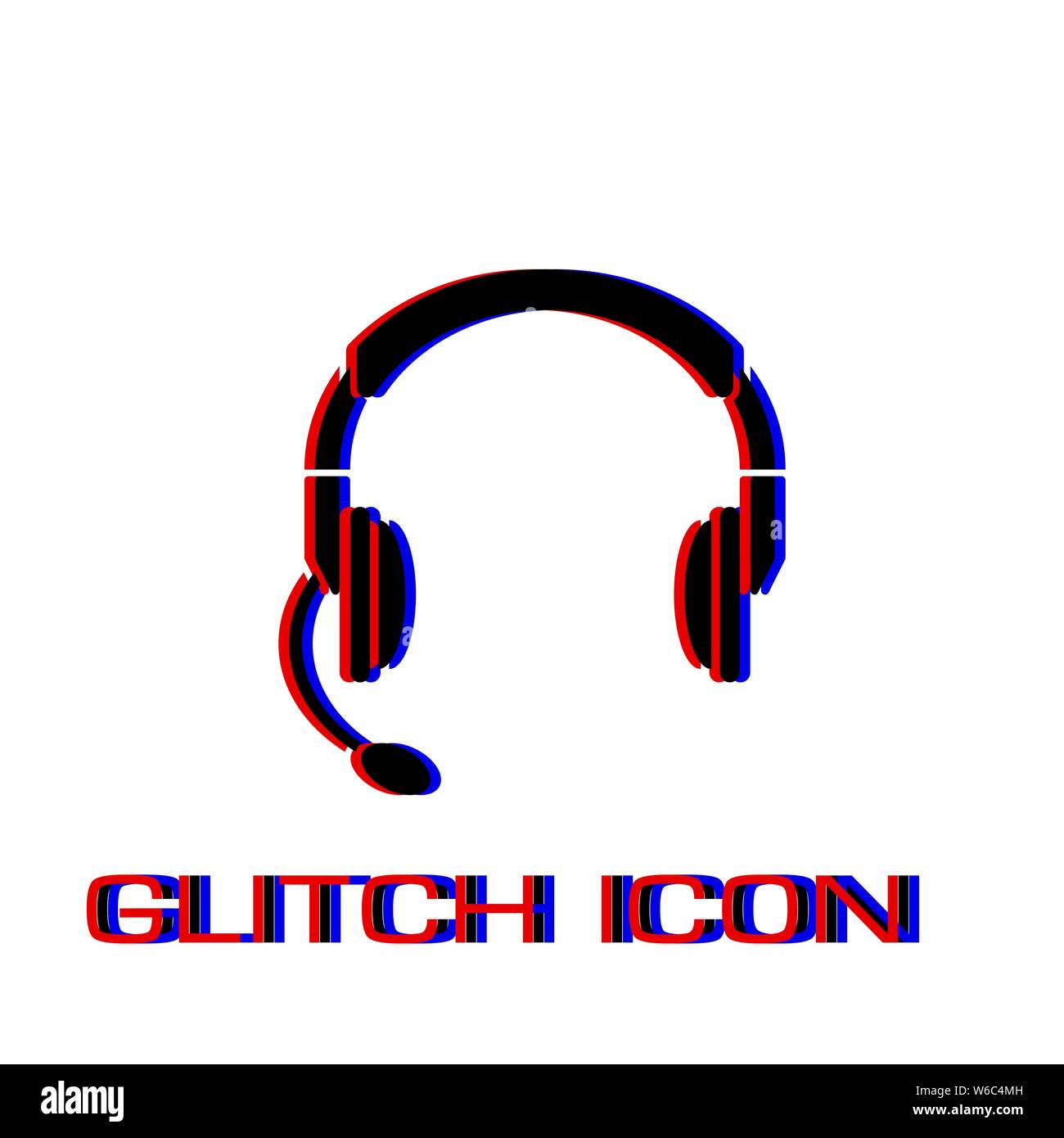 Cuffie e cuffie con microfono piatto icona. Pittogramma di semplice - effetto di glitch. Illustrazione Vettoriale simbolo Illustrazione Vettoriale