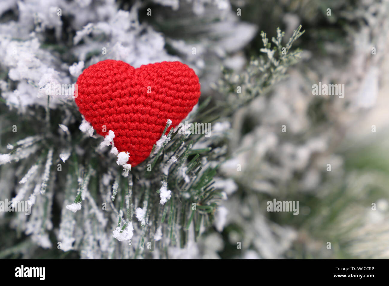L amore del cuore, Merry Christmas card, maglia rossa simbolo dell amore nella neve sui rami di abete. Concetto di romanticismo, nuovo anno celebrazione, il giorno di San Valentino Foto Stock